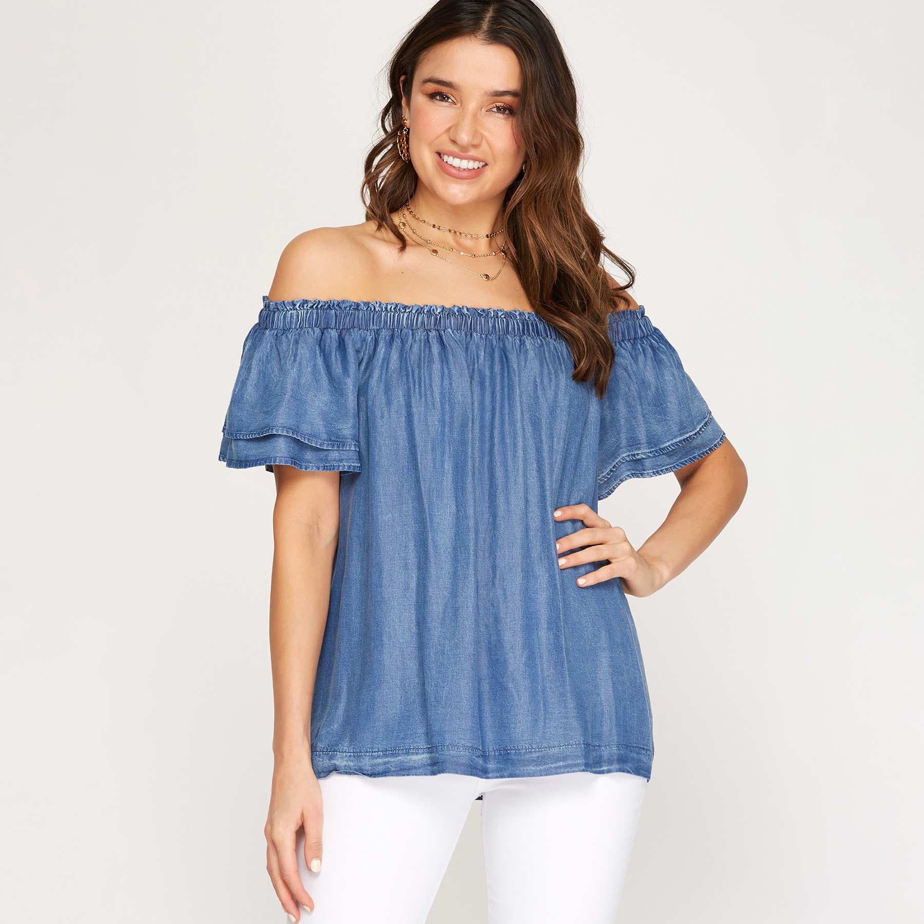 She + Sky Off the Shoulder Woven Chambray Top with Flutter Half Sleeve