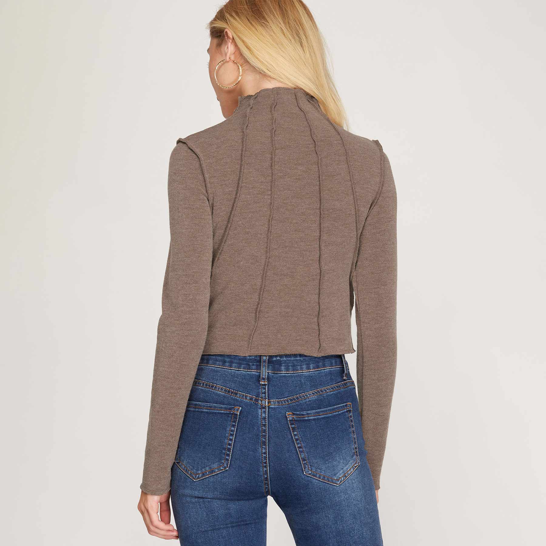 She + Sky Long Sleeve Knit Top with Overlock Seam Trim Detail