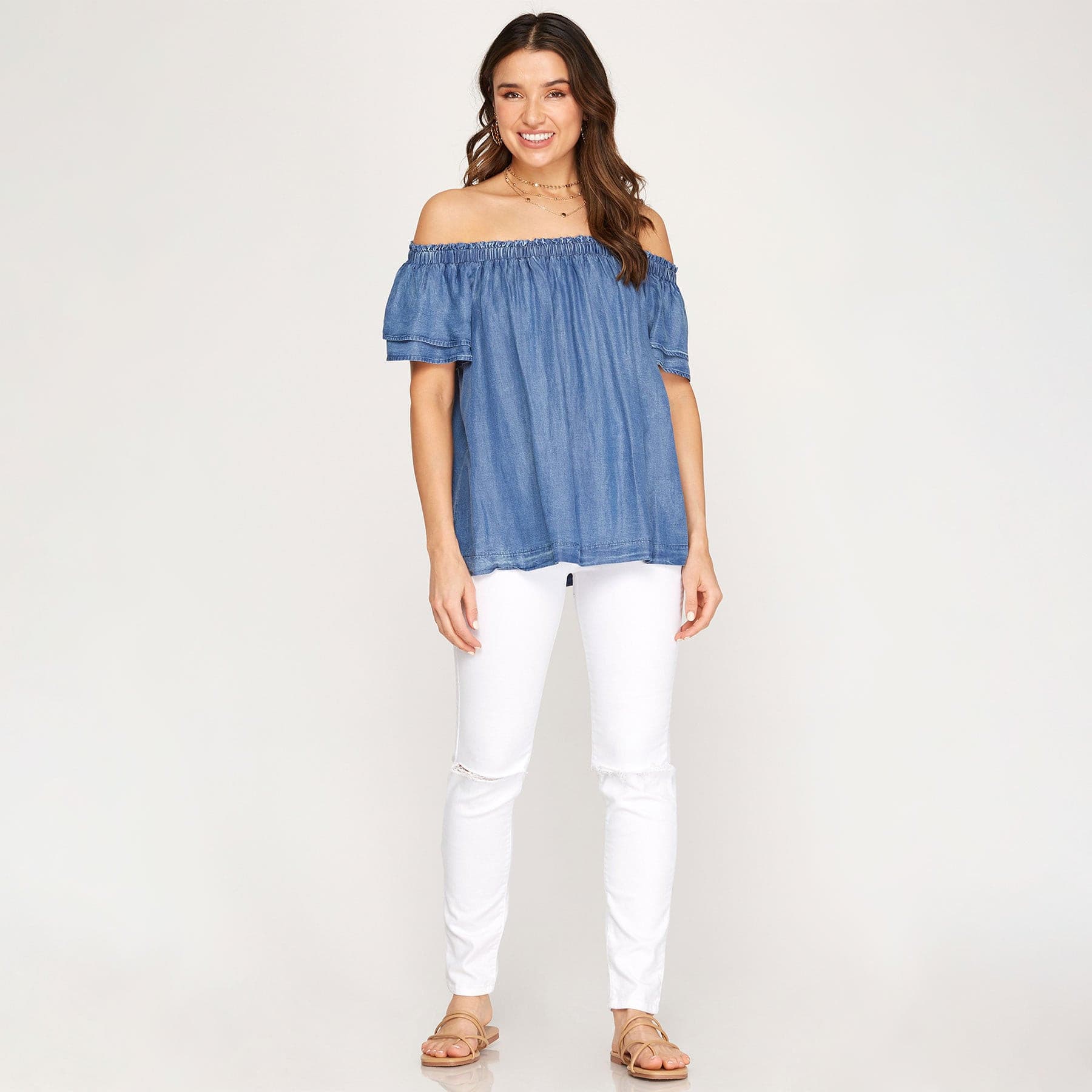 She + Sky Off the Shoulder Woven Chambray Top with Flutter Half Sleeve
