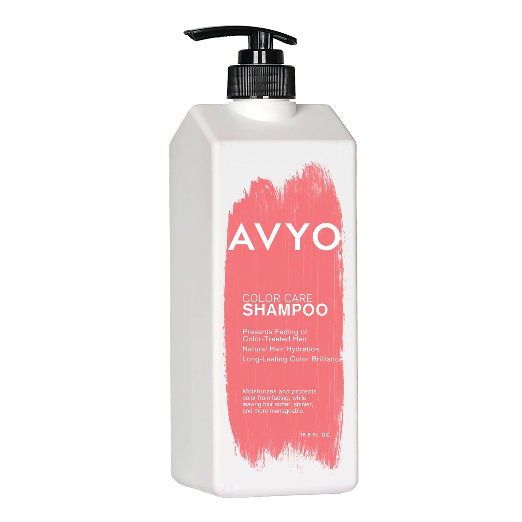 A white pump dispenser bottle of AVYO Color Care Shampoo with a bold red brushstroke design in the background. The label features the brand's name and product title, highlighting its benefits such as preventing the fading of color-treated hair, providing natural hair hydration, and promoting long-lasting color brilliance. The text on the label also mentions that the shampoo moisturizes and protects hair from fading, leaving it softer, shinier, and more manageable. The container size is 16.9 fluid ounces.