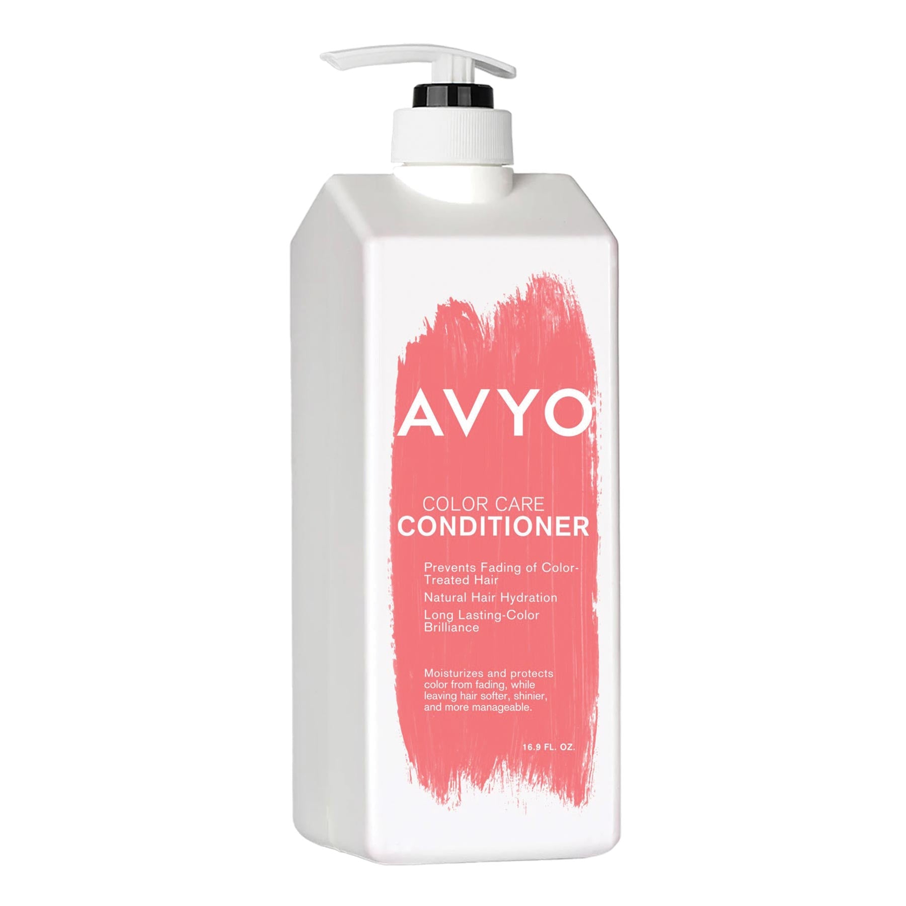 A pump bottle of AVYO Color Care Conditioner with a white background and a prominent red paint stroke on the front. The label advertises that the conditioner prevents fading of color-treated hair, provides natural hair hydration, and ensures long-lasting color brilliance. It emphasizes that the formula moisturizes and protects color from fading, leaving hair softer, shinier, and more manageable. The product contains 16.9 FL OZ of conditioner.