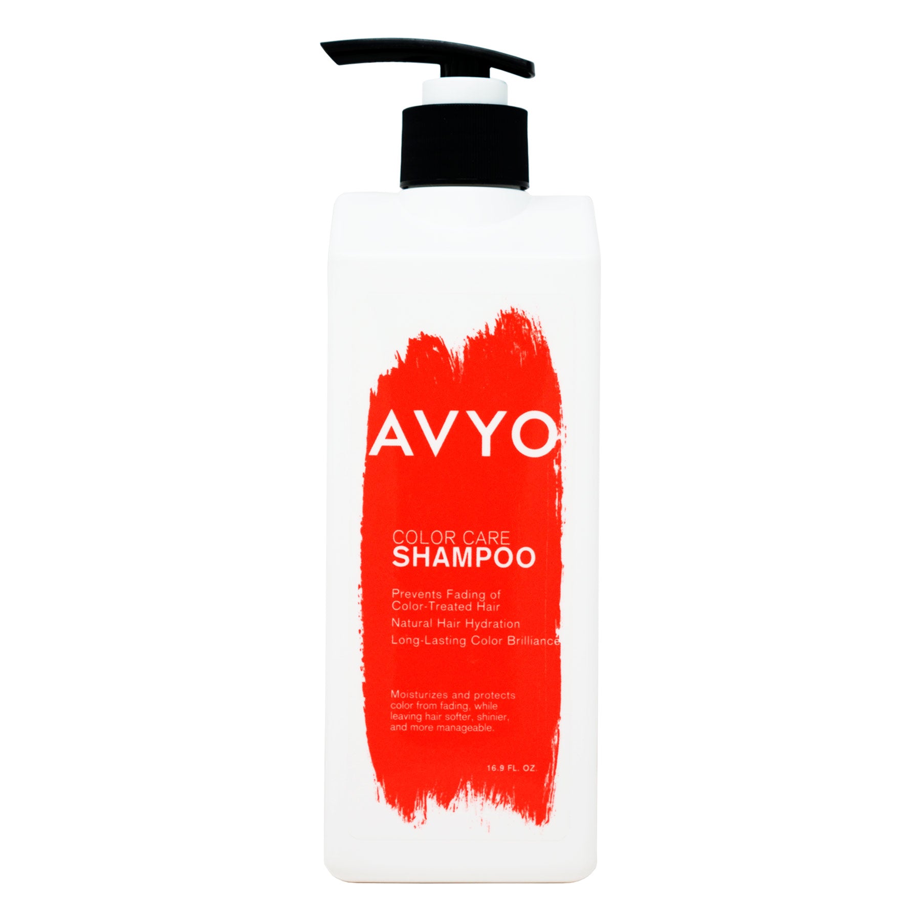 A white bottle of AVYO Color Care Shampoo with a vibrant red paint stroke design on the front. The label features the AVYO logo and states it prevents fading of color-treated hair, provides natural hair hydration, and ensures long-lasting color brilliance. The product offers 16.9 FL OZ of shampoo and includes additional benefits like moisturization and protection against color fading, leaving hair softer, shinier, and more manageable.