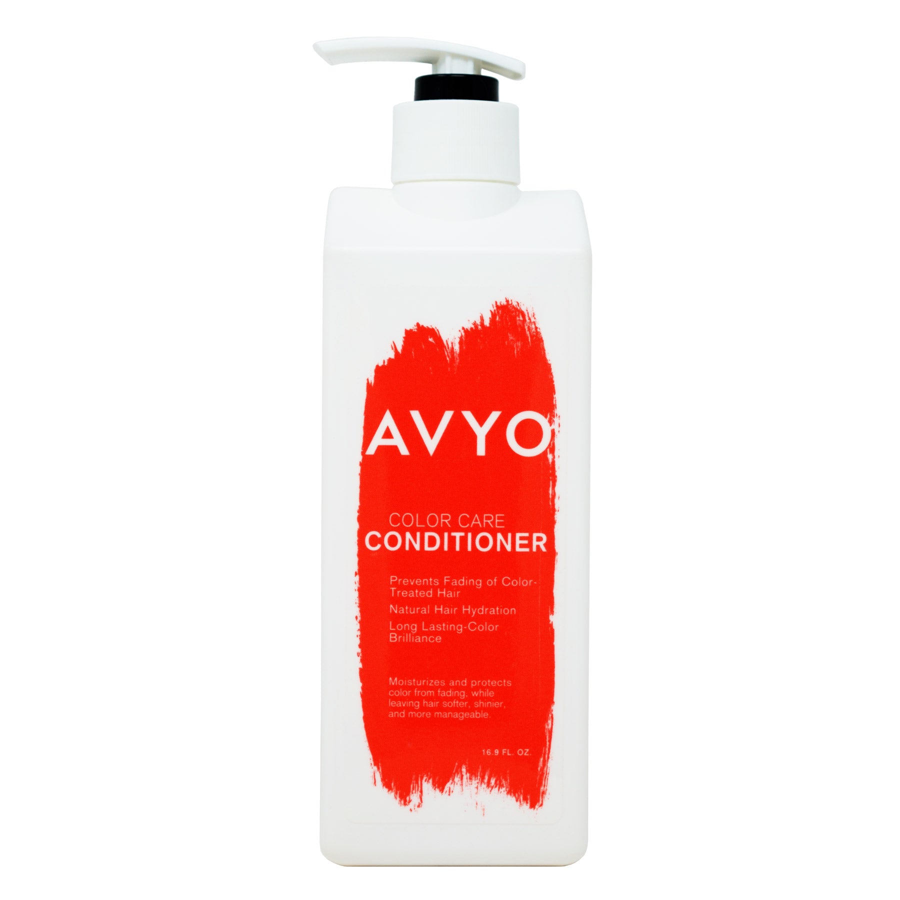 A white pump dispenser bottle of AVYO Color Care Conditioner, prominently featuring the brand's logo in black with a striking red brushstroke in the background. The product label claims to prevent the fading of color-treated hair, ensures natural hair hydration, and promotes long-lasting color brilliance. It highlights the benefits of moisturizing and protecting hair, leaving it softer, shinier, and more manageable. The bottle contains 16.9 fluid ounces of the conditioner.