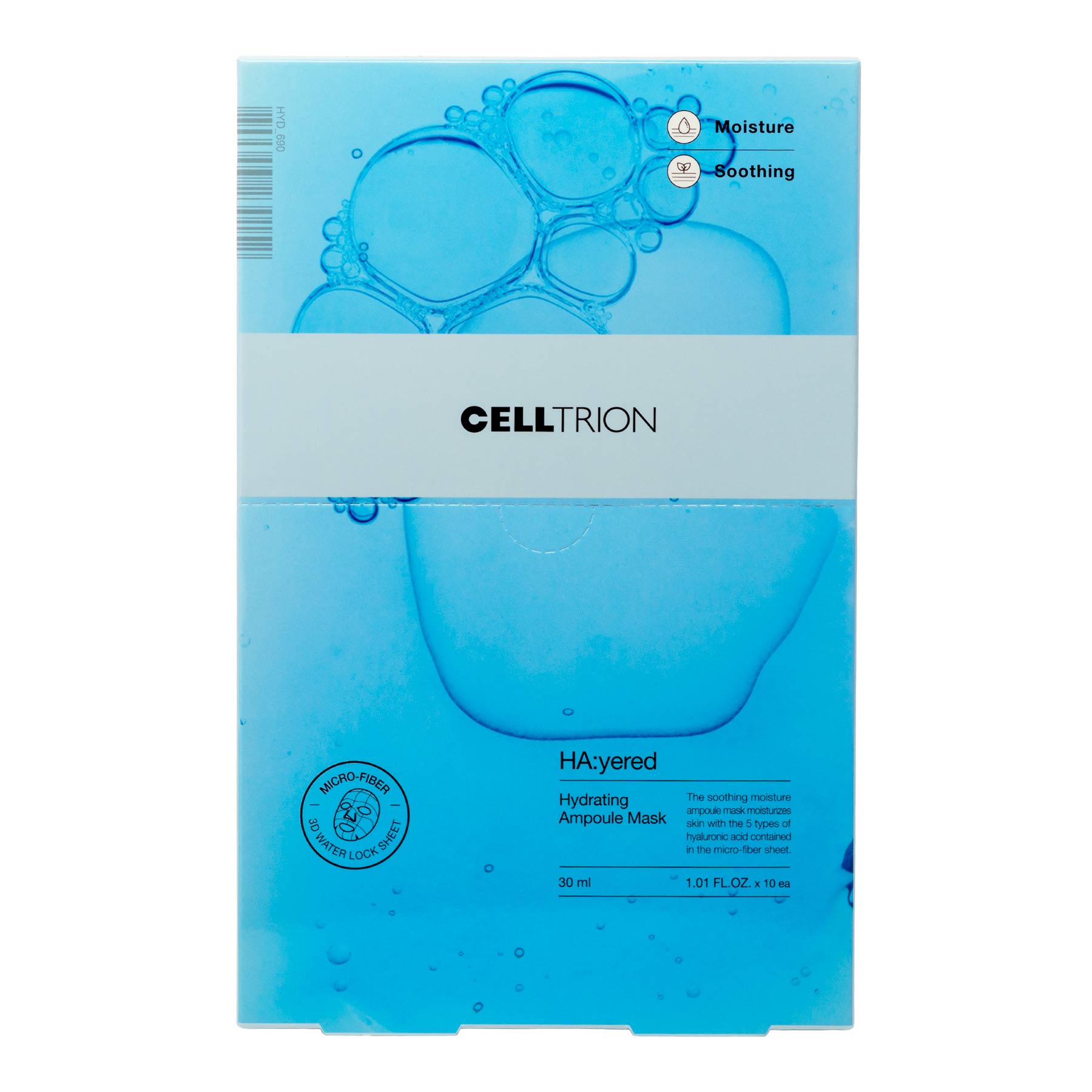 Packaging for CELLTRION HA:yered Hydrating Ampoule Mask. The front of the package is predominantly blue with a design that includes bubbles and a clear depiction of a water drop, symbolizing hydration. Key features noted on the package include 'Moisture' and 'Soothing'. The mask is contained in a micro-fiber sheet for better absorption, as indicated by a seal that reads 'Micro Fiber 10 Times Water Lock'. The package states a volume of 30 ml or 1.01 FL OZ and contains 10 pieces.