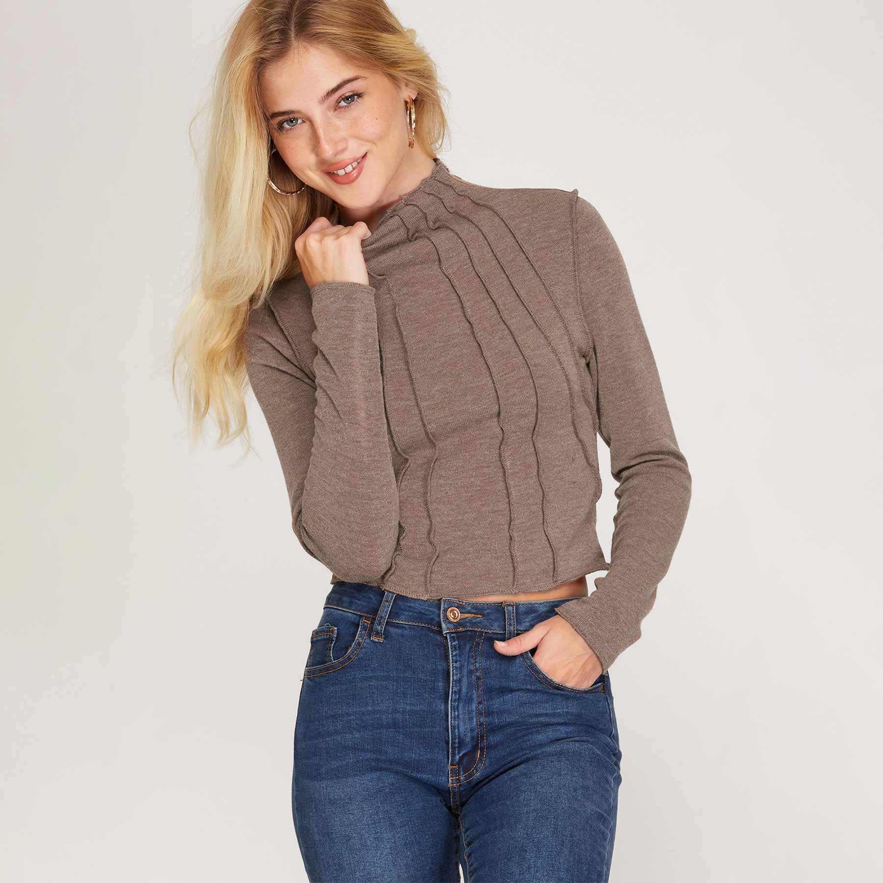 Long Sleeve Knit Top with Overlock Seam Trim Detail