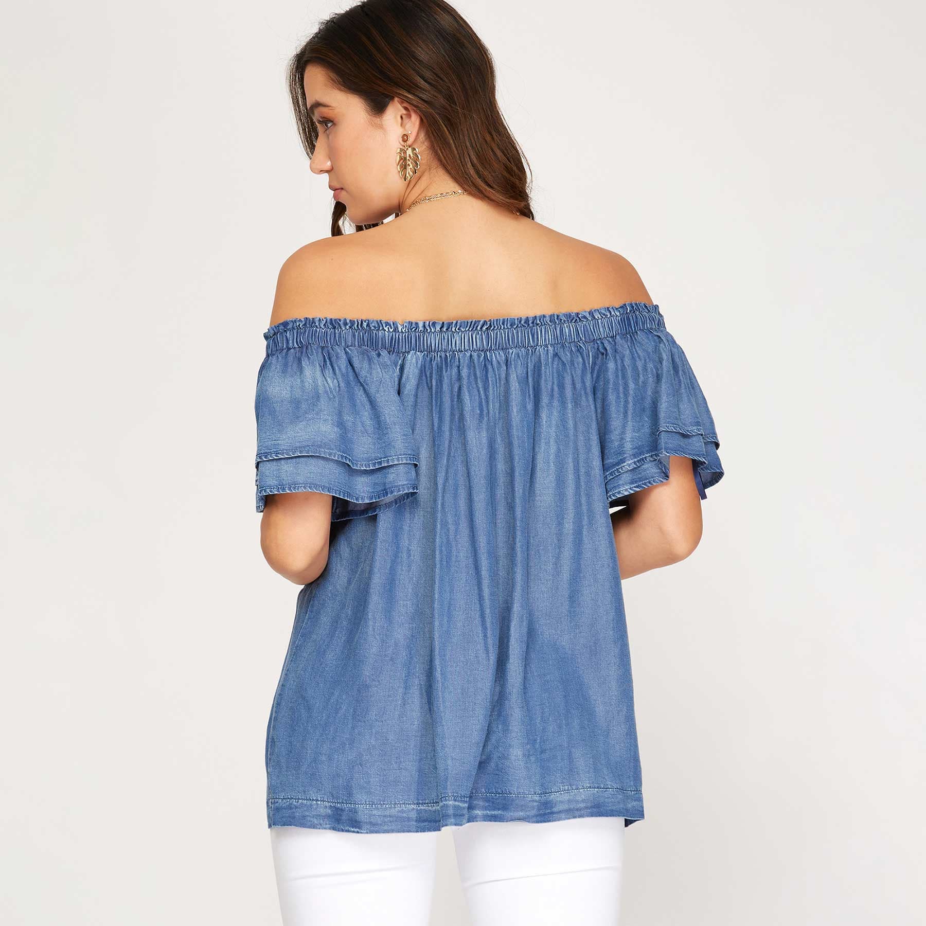 Off the Shoulder Woven Chambray Top with Flutter Half Sleeve