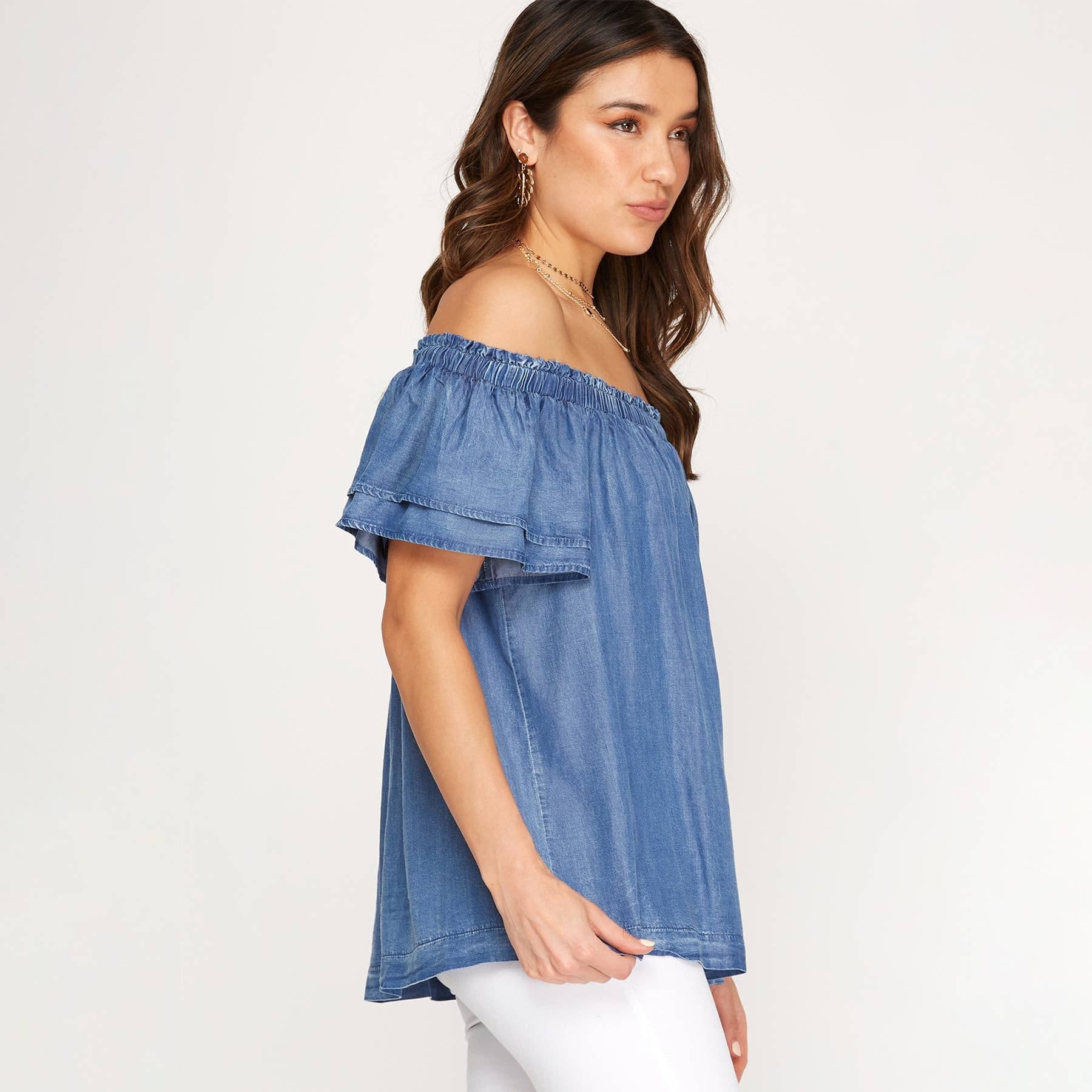 Off the Shoulder Woven Chambray Top with Flutter Half Sleeve
