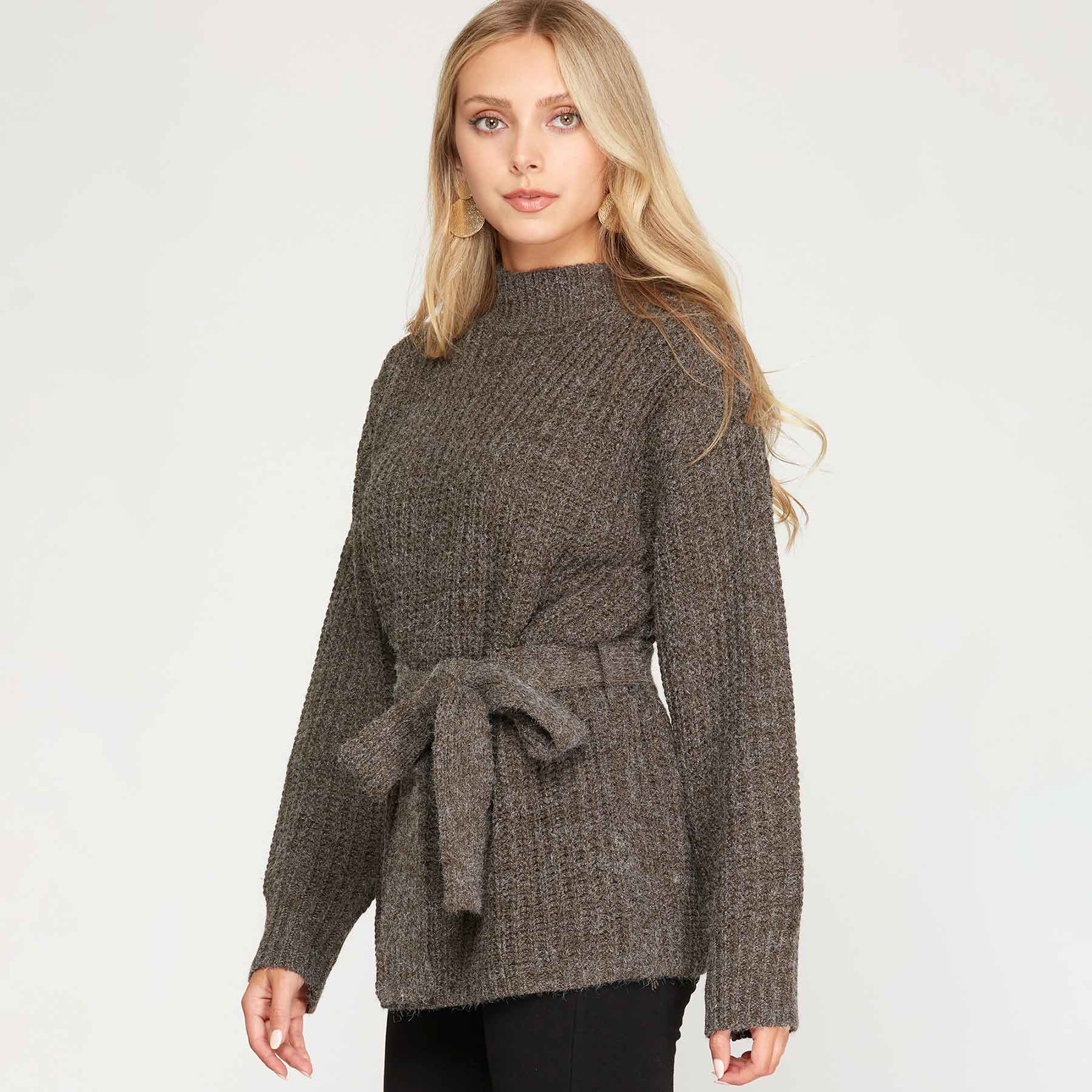 Long Sleeve Knit Sweater Top with Waist Tie Detail