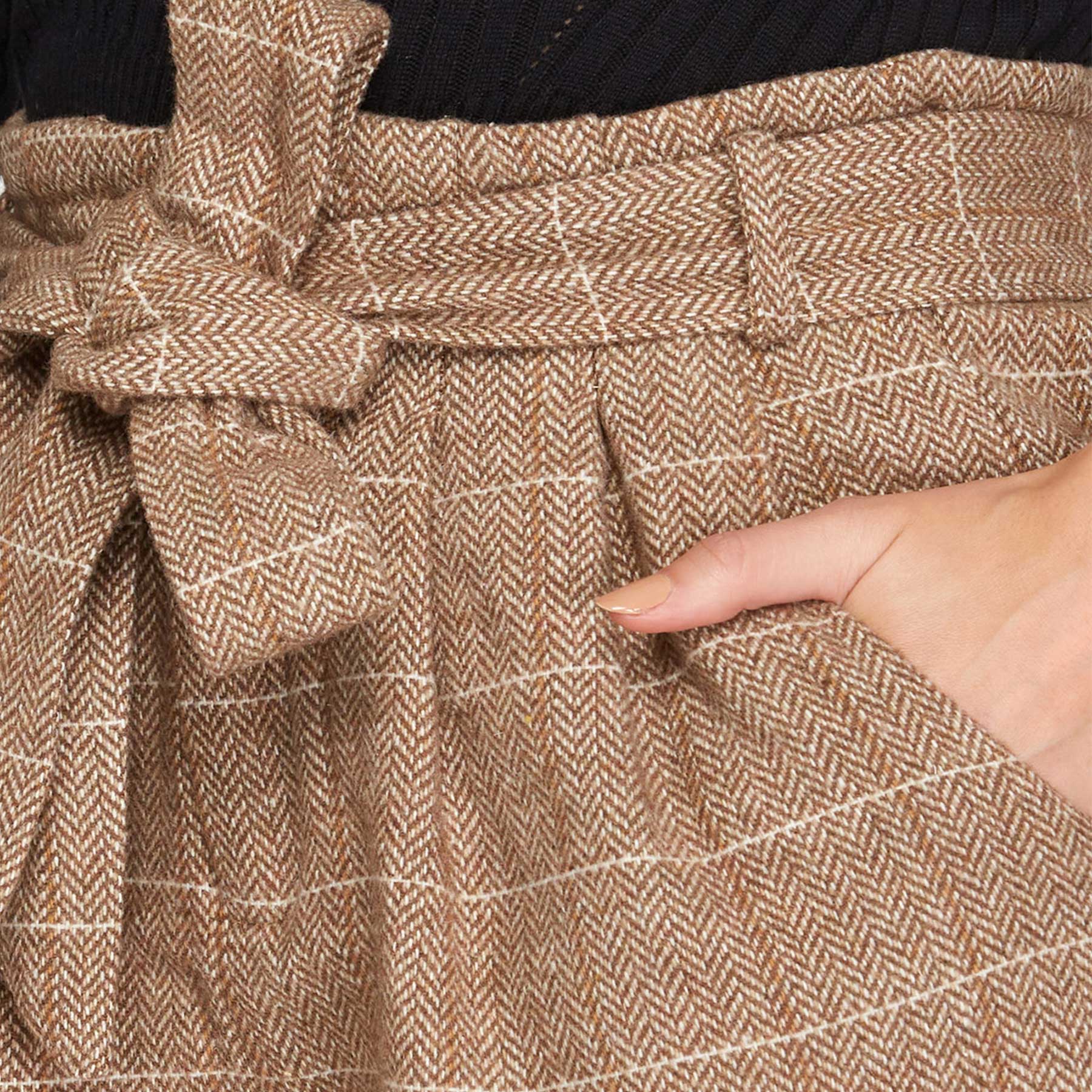 Woven Herringbone Paper Bag Shorts with Waist Sash and Pockets