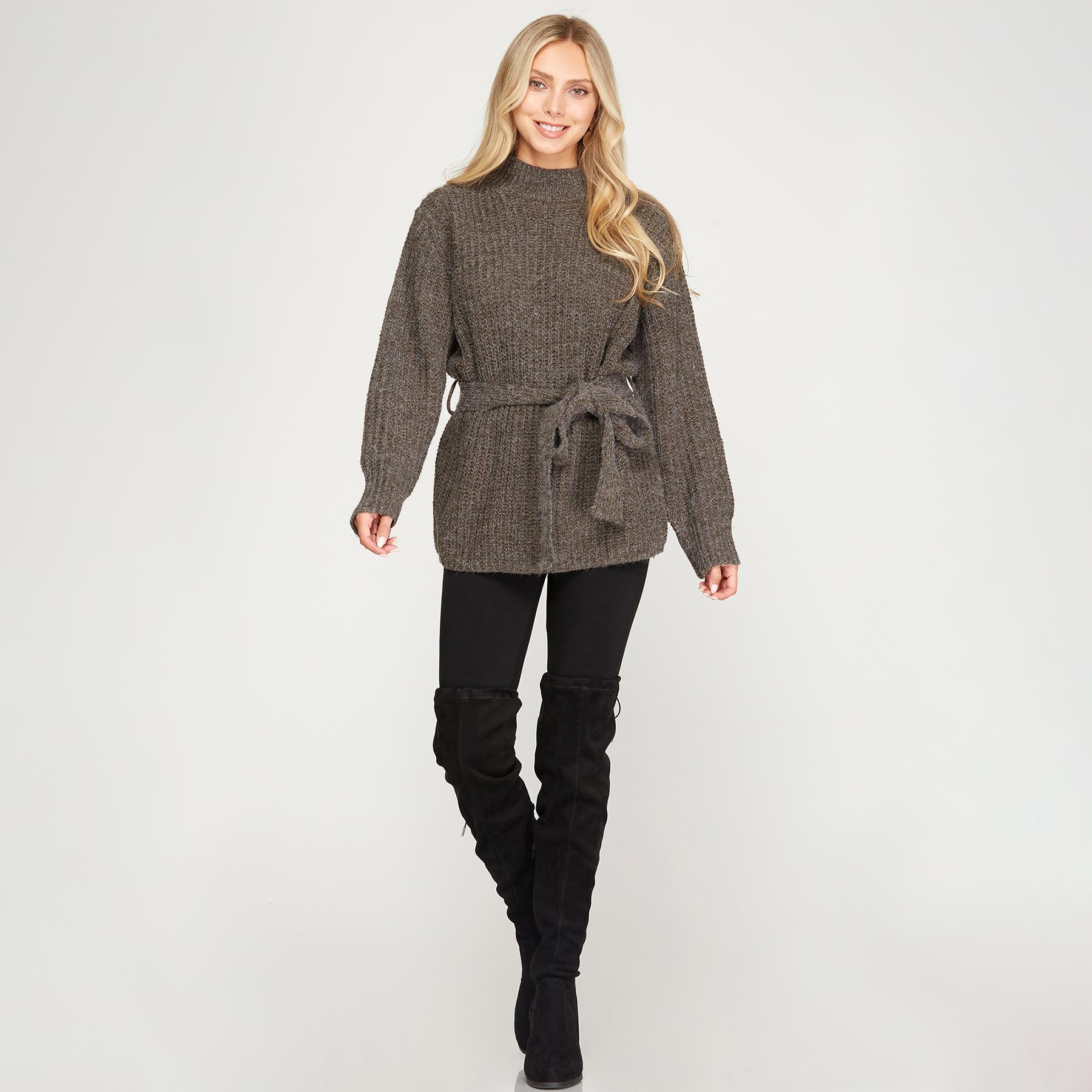 She + Sky Long Sleeve Knit Sweater Top with Waist Tie Detail